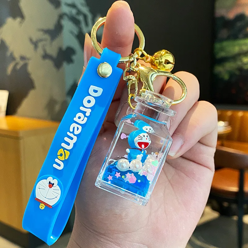 Anime Designer Liquid Keychain Kawaii Boba Llavros Key Ring Plastic Key Chain Cartoon Anime Doraemon Bottle Floating Keychain