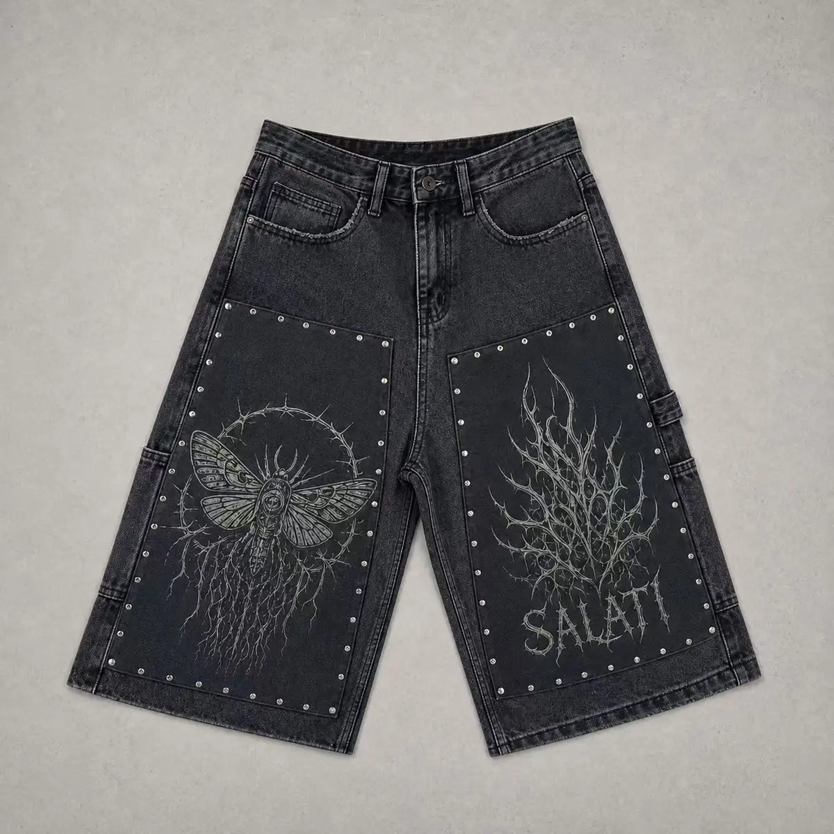 Custom Men's High Waist Casual Streetwear Denim Shorts Ripped Distressed Wash Baggy Loose Fit Raw Hem Sun Embroidery Crystal gallery 5