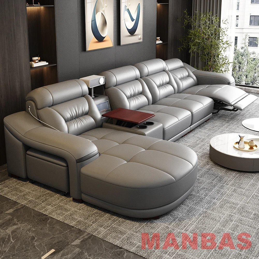 Italian Genuine Leather Sectional Sofa Set with Electric Recliner, Bluetooth Speaker and Projector By MANBAS Livingroom Couch 333019