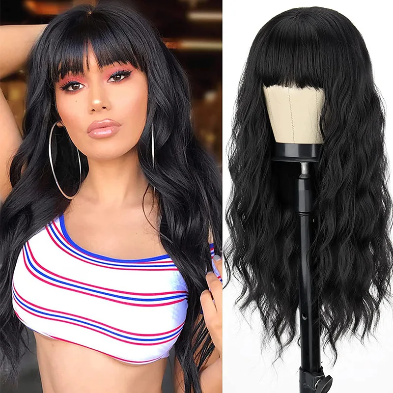 Hot 26inch Big Wave Wig Female Natural Black Long Curly Hair Qi Bangs