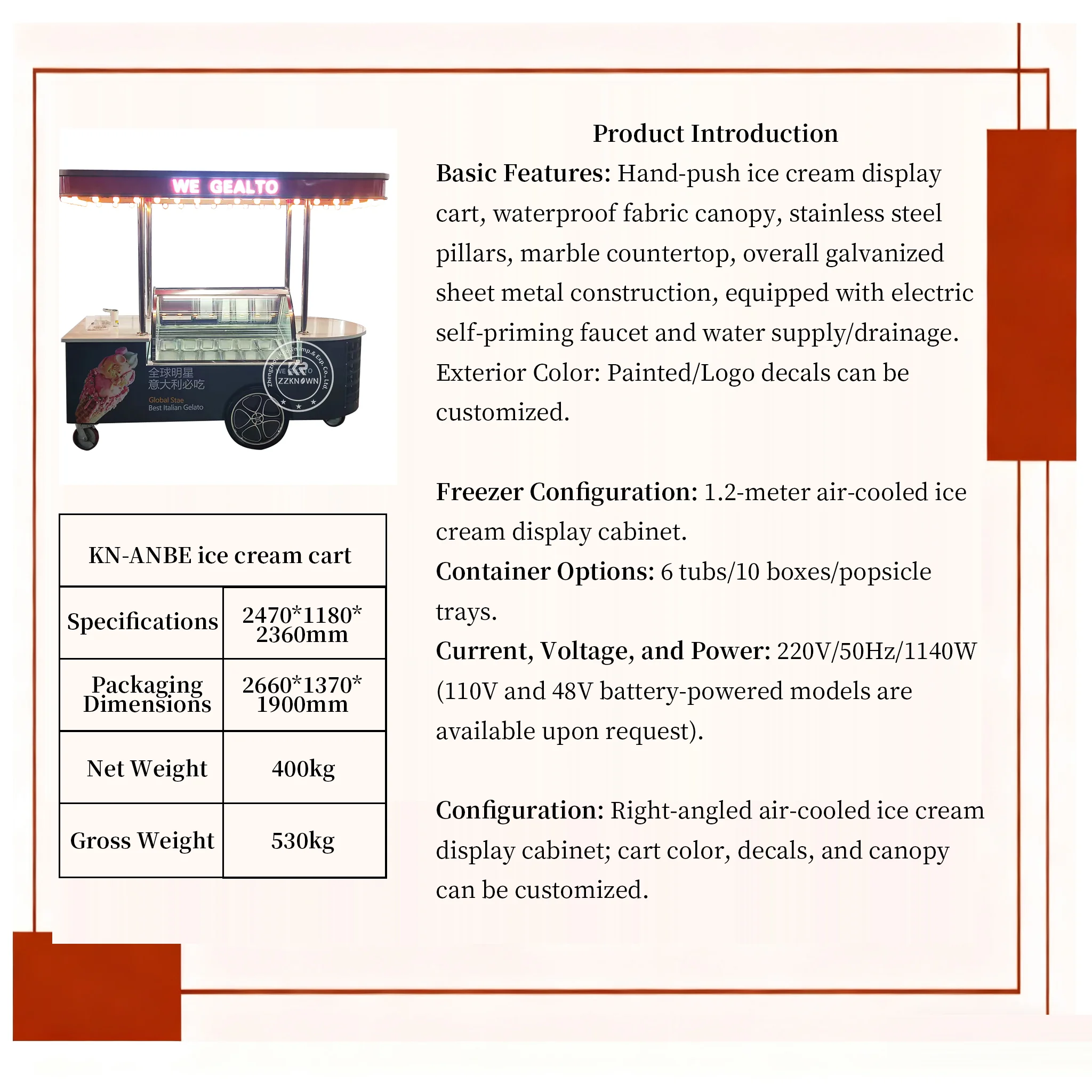 ZZKNOWN商用アイスクリームディスプレイクーラーカートファン冷却