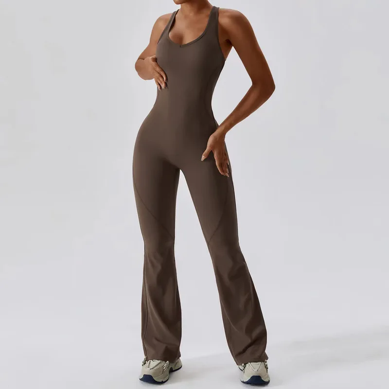 Women's tight sportswear cycling fitness wear hip lift neck yoga wear back hollowing one pieces jumpsuit with flared pants