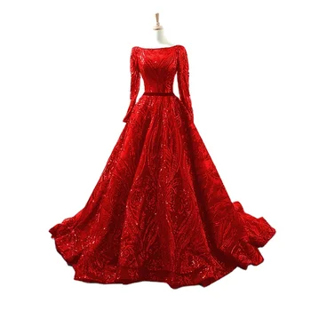 Red O Neck A Line Long Sleeve Muslim Evening Gown Serene Hill LA60799 Burgundy Sequined Lace Up Plus Size Party Dress For Women