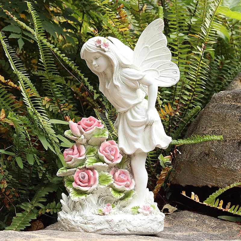 Garden Resin Fairy Statue With Solar Flower Fairy Figurines Statue Fairy Outdoor