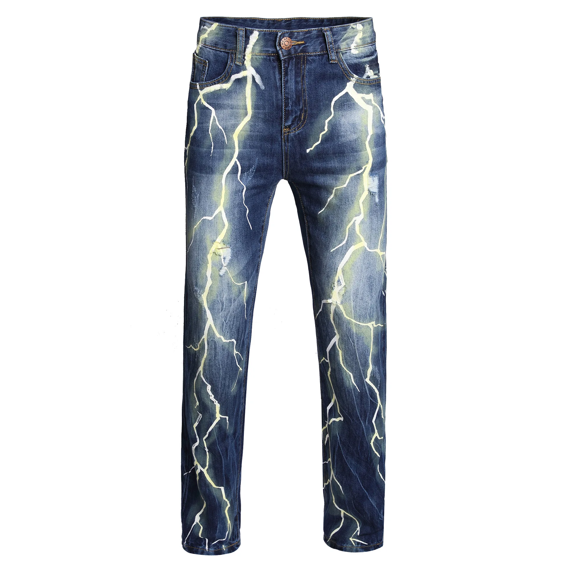 Lightning Hole Breaking 3D Digital Printing Fashion Men's Jeans