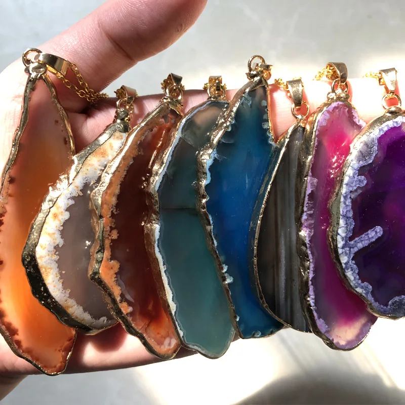 12 Pcs Natural Agate Stone Pendants - Raw Crystal Healing Charms For Jewelry Making