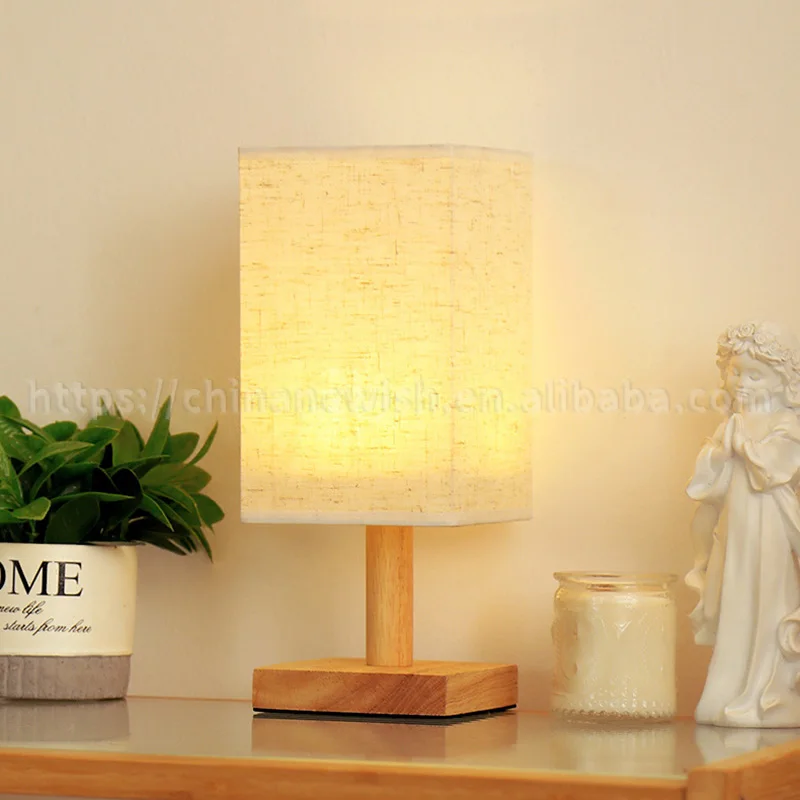 Wooden Base Fabric Shade Simplicity Design Linen Round Table Lamp Light for Reading Room Bedside Living Room