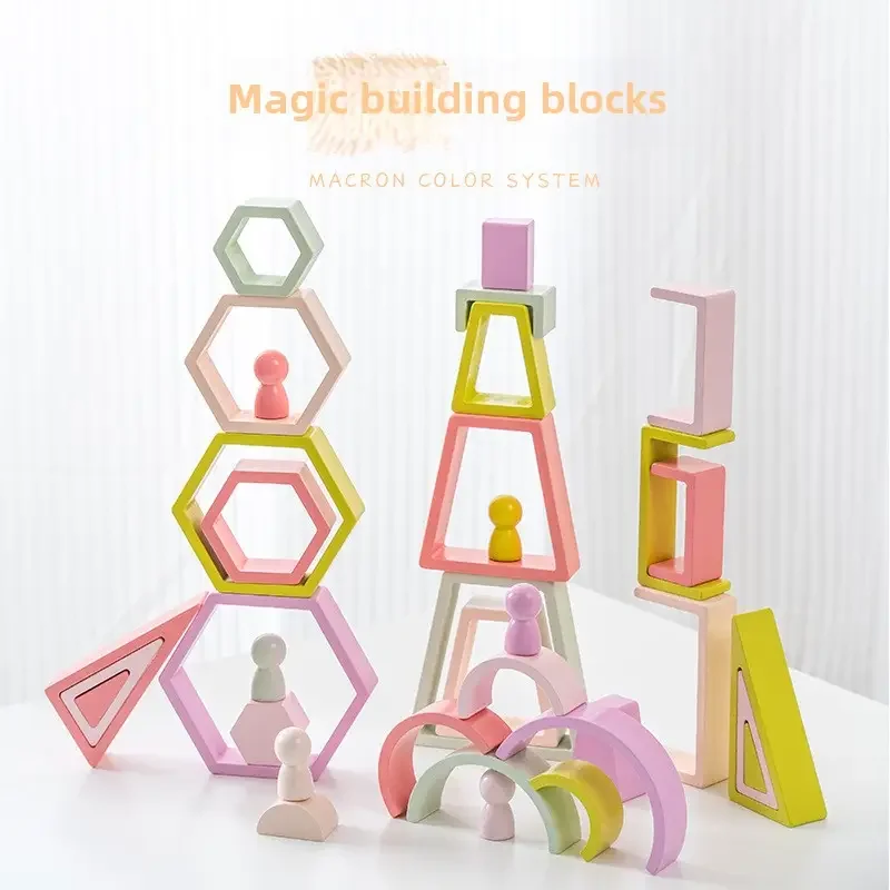 Macaron Building Blocks Montessori Inspired 35-Piece Wooden Rainbow Stack Set Educational DIY Toys Kids 3 5 Years Old Boys Girls