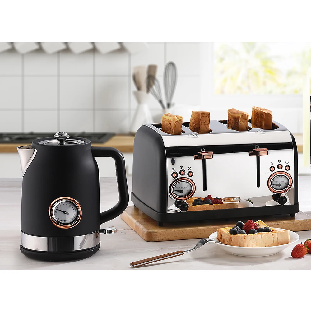 New Luxury Kettle With Thermometer And 4 Slice Grill Toaster Set Black 