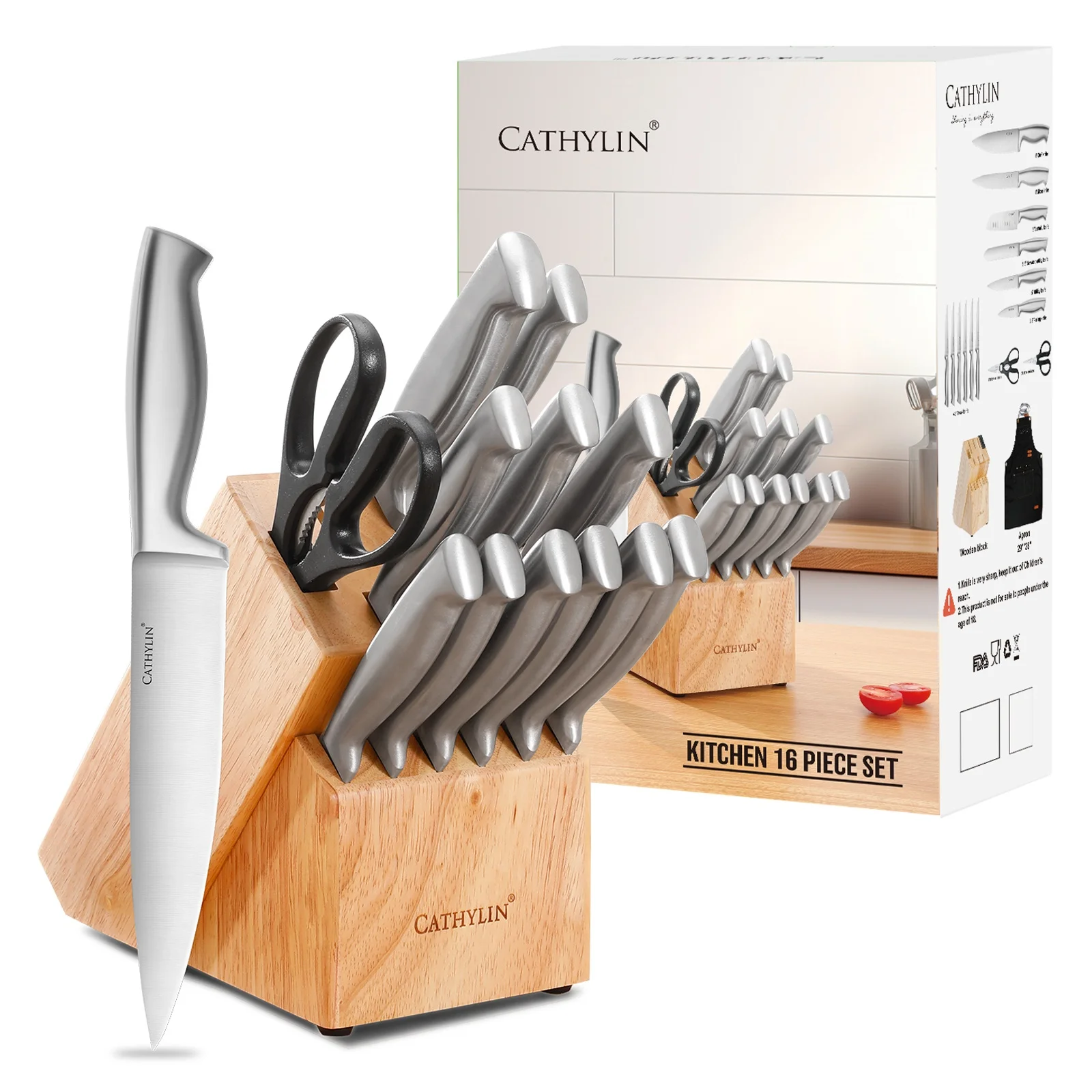 Cathylin 15PCS Chinese Pro Supplier Professional Manufacturer High End Grade Premium Kitchen Knives Set with Wood Block Gift Box