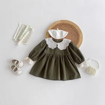 Girls' Spring and Autumn Baby Dresses Korean Style Fashionable Children's Outing Dress Lace Collar Turn-Down Collar Baby Dress