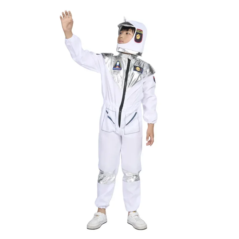 Career Day Carnival Costume Spaceman Suit Pilot Jumpsuit Silver Stripes  Astronaut Costume With Helmet for Kid Boy