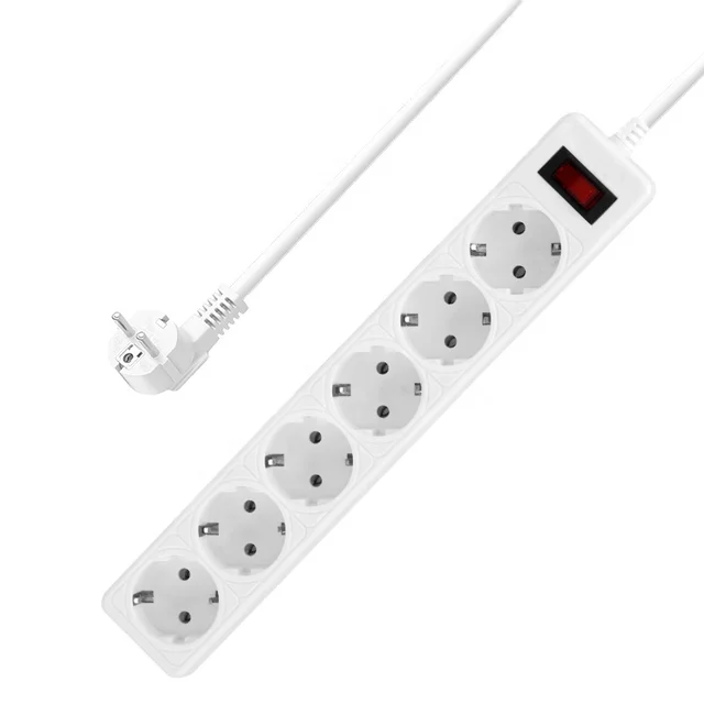 250V 16A 6 way German Outlet EU Plug 1.8m/3m/5m cable Power Strip with overload protection Multi Extension socket