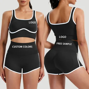 Gym Clothing Active Wear Yoga Bra and Shorts Set Color Blocking Tight Fitting Short Top Seamless Fitness Trousers Suit Yoga Sets