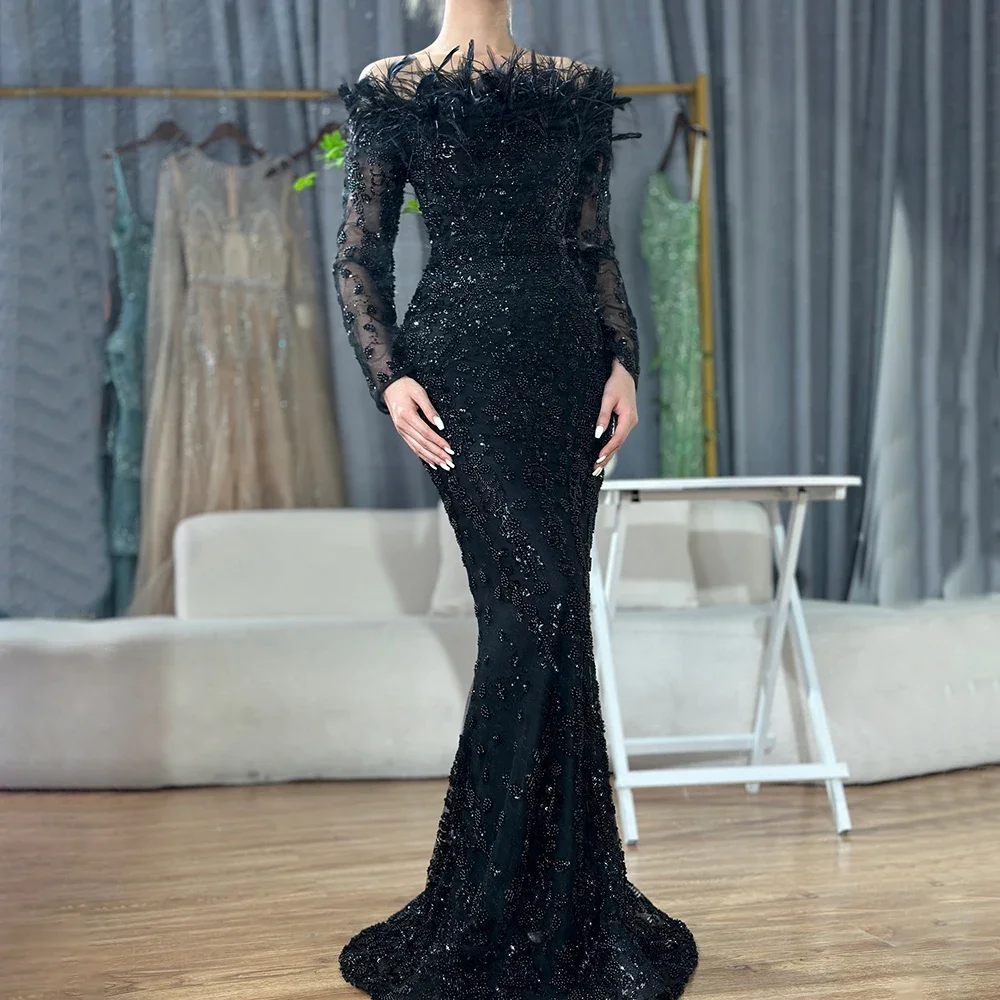 Green/Black/Pink/Lemon Luxury Dubai Mermaid Gowns for Women Wedding Party  Long Sleeve Elegant Feathers Beaded Evening Dresses