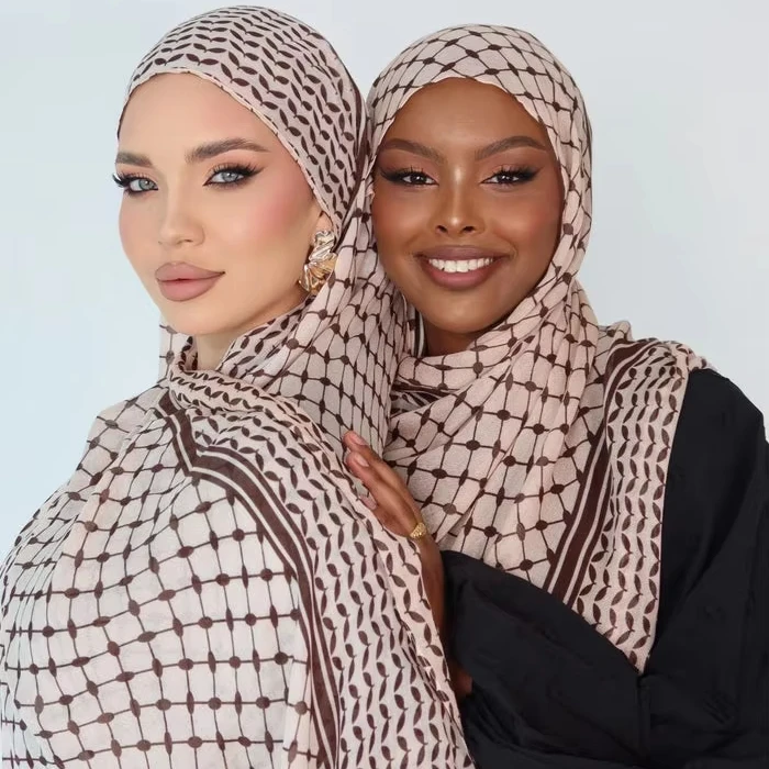 Muslim Women's Chiffon Palestine Hijab Scarf - Light Grey Printed Shawl