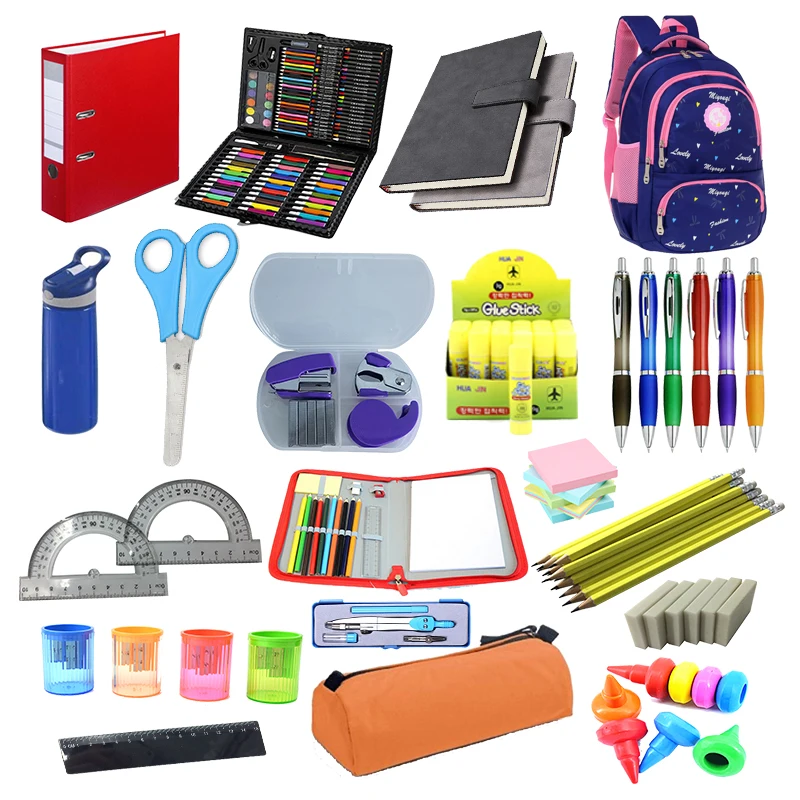 Premium Photo  Top view photo of backpack notebooks pencilcase scissors  drink bottle plastic alphabet letters binder clips plane shaped sharpener  pens adhesive tape stapler ruler calculator isolated blue background