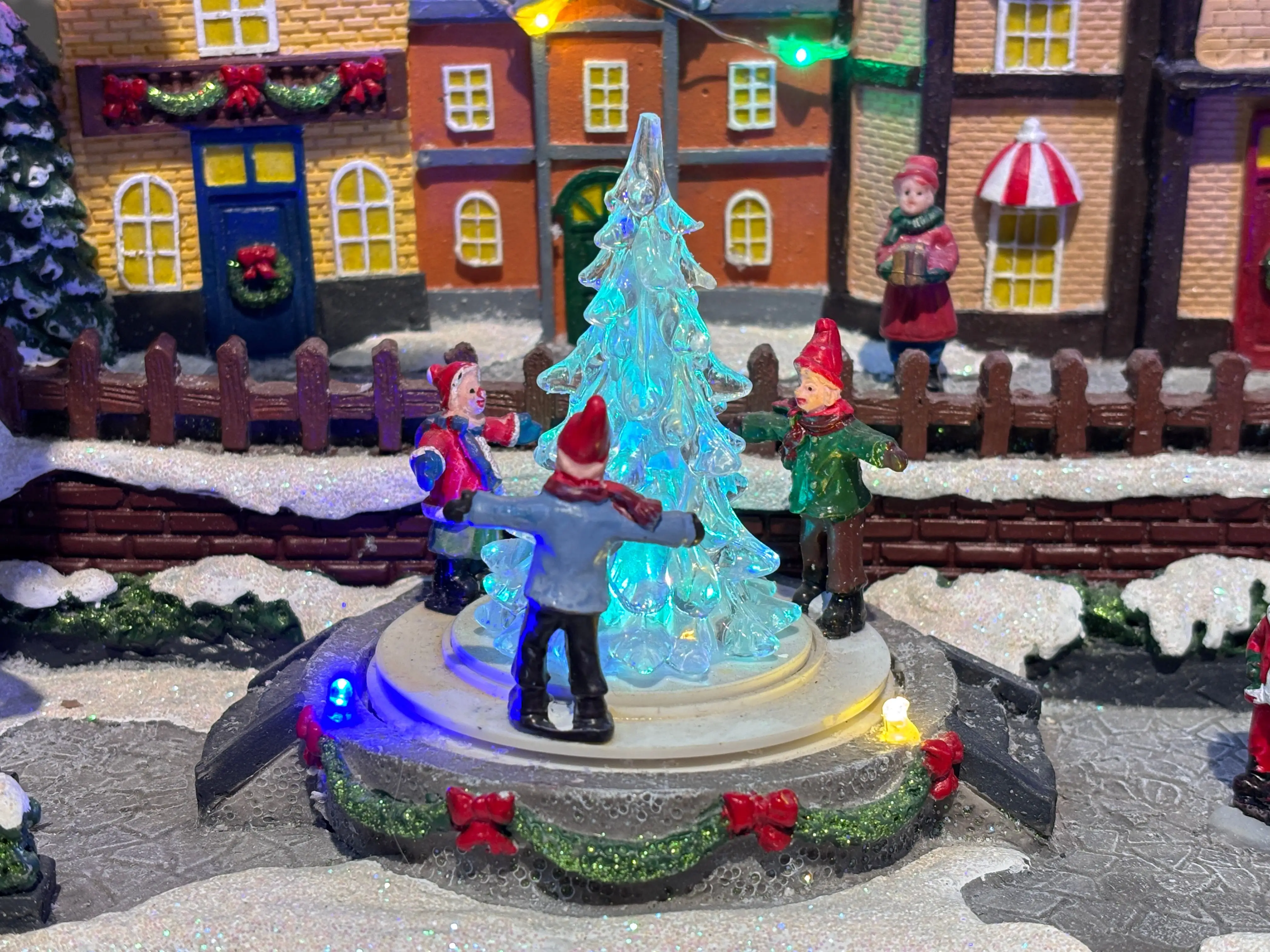 Christmas Market Square with LED Light Resin Christmas Tree Sculpture Kids Featuring Popcorn Functions Desktop Decoration