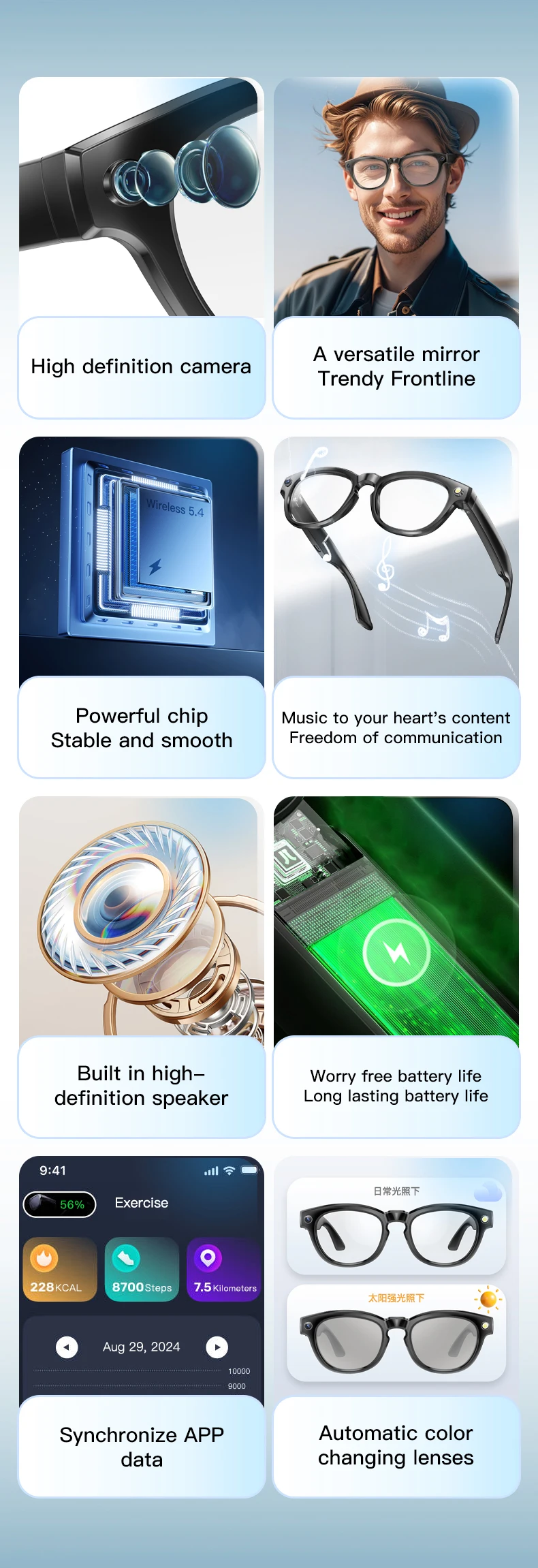 2026 GS380 Smart Wearable Headset with Camera AI Photo Flashlight Video Auto Color Change Lens Pedometer Distance Smart Glasses