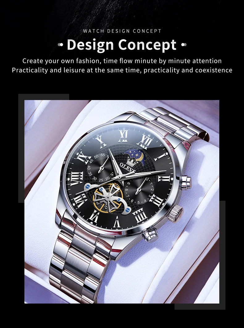 OLEVS 3640 Men's Watches TOP Brand Chronograph Moon Phase Roman Scale Stainless Steel Luminous Hands Waterproof Man Wristwatches