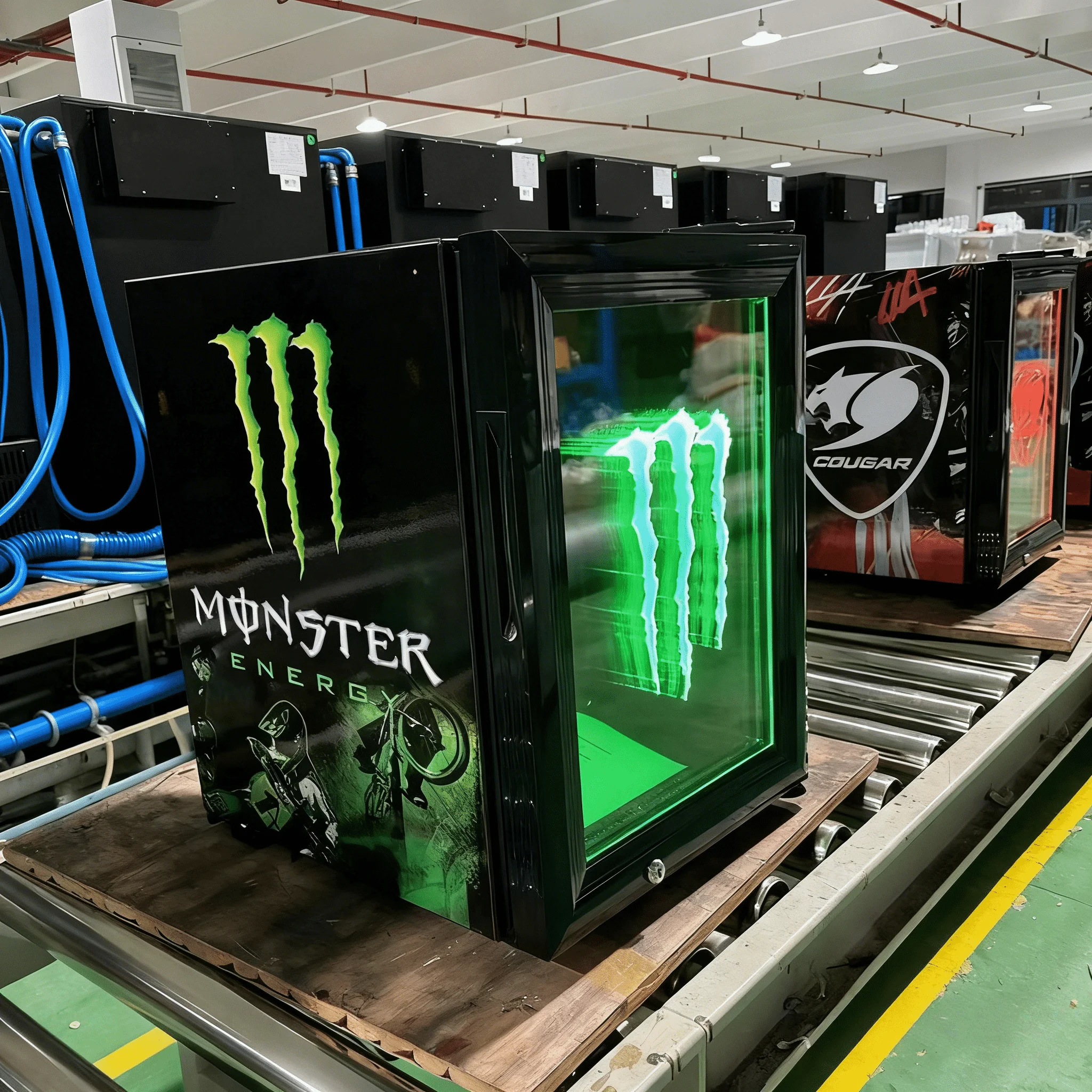 業務用エナジードリンク陳列クーラー、カスタムLEDロゴ付き、ガラス扉
