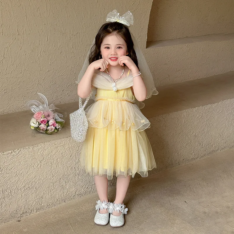 Yellow Princess Pattern Ball Gowns for Kids Girls Organza Birthday