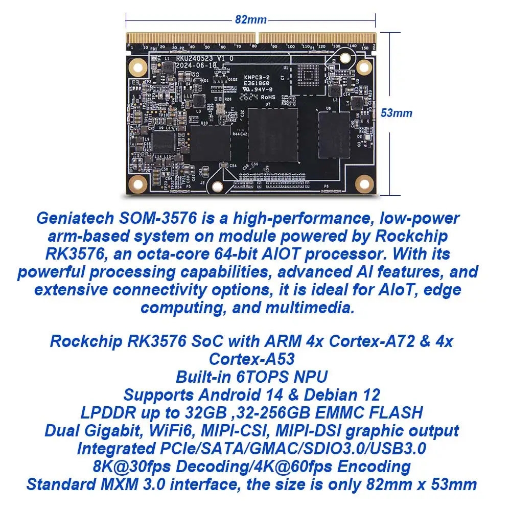 Geniatech Original RK3576 Rockchip Android 14 Development Board 8K DVR SOM Board with HD Media Player