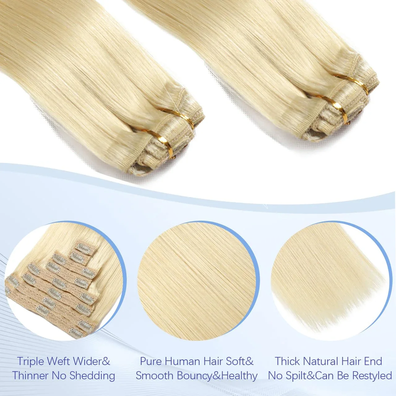 Extensii de păr blonde cu clipsuri, culoare os, 8 buc., păr Remy brazilian, 18 clipsuri, 16-26 inci_voghion.com