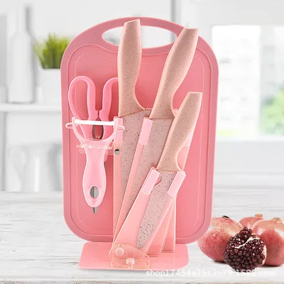 Stainless Steel 7 piece knife set with storage cutting board (pink/purple)