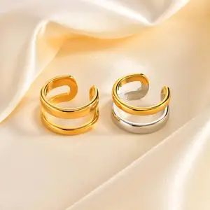 Fashion Jewelry Two Tones Women Adjustable Finger Ring Stainless Steel Double Line Pattern Open Adjustable Rings