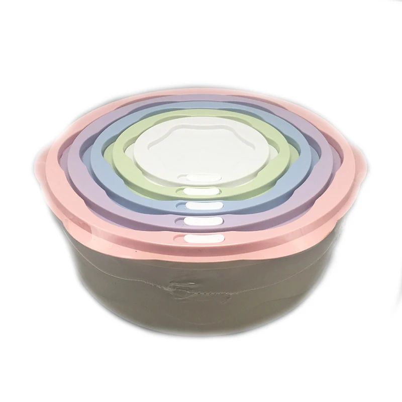 Set of 5  Macaron Color Microwavable Plastic Food Containers Bowls Storage Lunch Boxes Multi Size Round Containers with  Lids