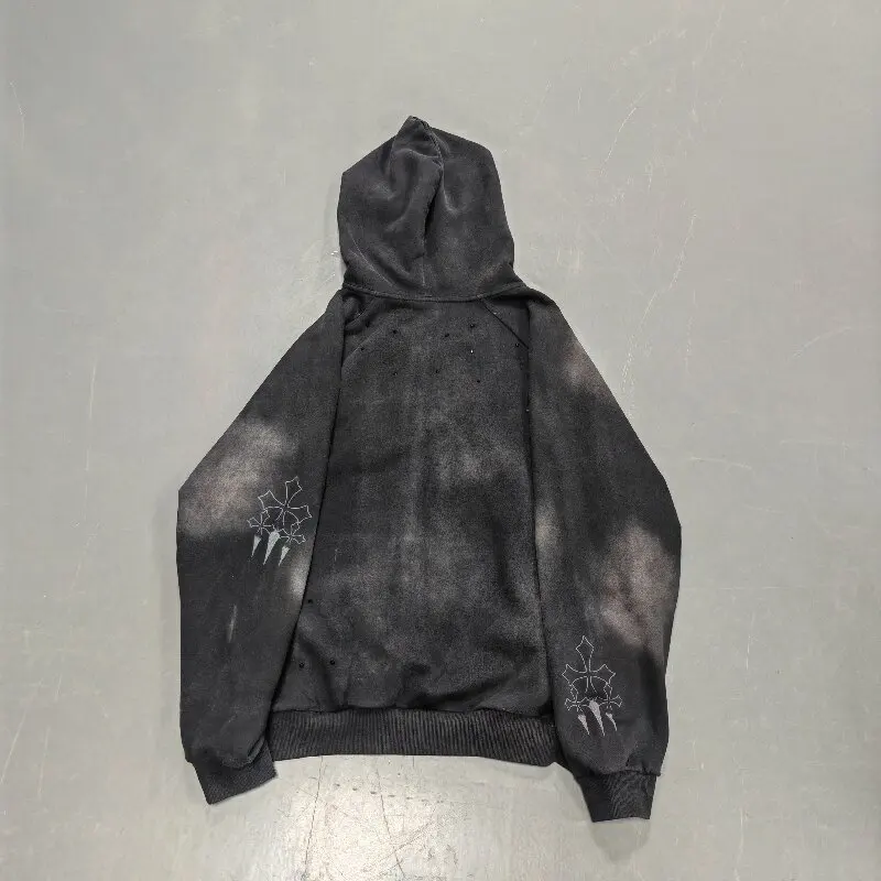 Custom Logo Embroidery Washed French Terry Black Heavyweight Acid Wash Distressed Zip up Jacket Hoodie Men gallery 2