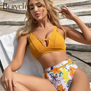 2022 Sexy High Waist Halter Push up Bikini Set for Women Floral Pattern Spandex/Nylon Material Breathable Eco-Friendly Summer