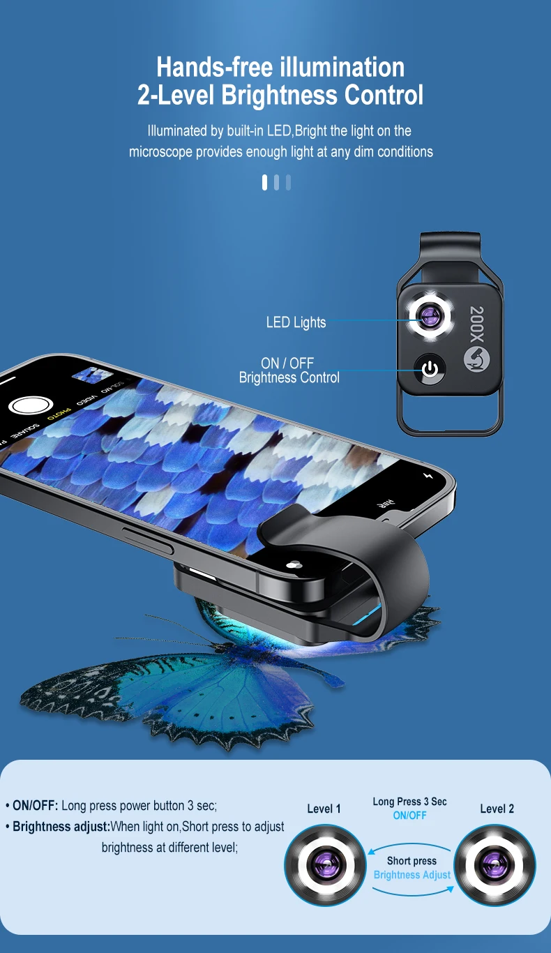 Professional Mobile Phone Camera Lens 200x Microscope Lens with External CPL Filter and Fill Light