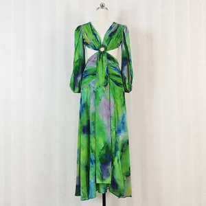 Sexy Hollow Out Backless Maxi Dresses for Women V Neck Long Sleeve High Waist Vintage Printing Hit Color Dress Female