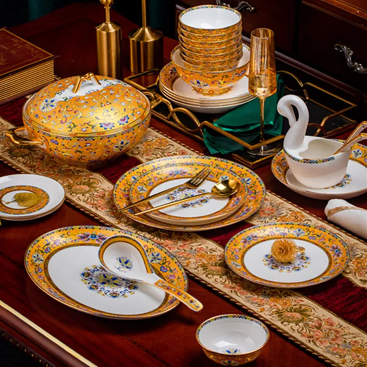 Chinese Style 80pcs Cookware Gold Enamel Series Tableware Set Bone China Bowls and Plates Porcelain Dinner Set