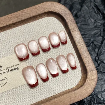 Simple White Nail Art with Retro Red Cat's Eye Hand-Worn Armor & New Year Atmosphere Wine French Style for Fingers Artifici