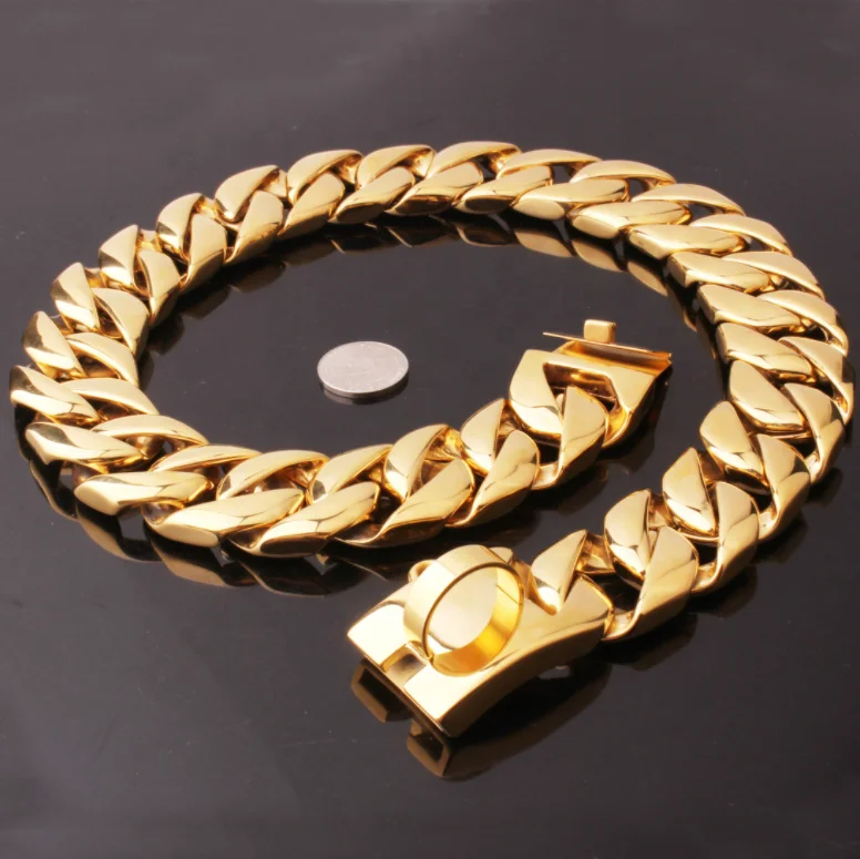 Goldenes Hundehalsband Mit Metallkette, Mit Design, Sicherer Schnalle, 18 Karat Vergoldetes Kubanisches Glied, 19 Mm Dick, Robust, Kaufest, Für Kleine Hunde (30,5 Cm
