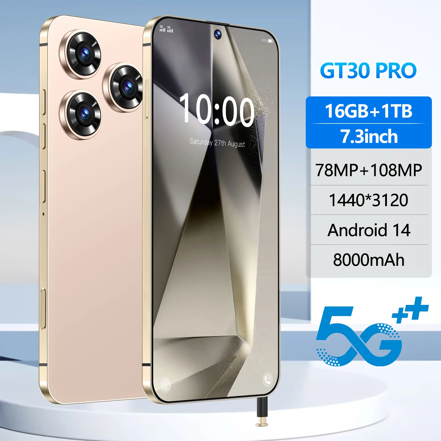 Wholesale GT30 PRO 5G Android 14 Phone, 16GB+1TB, 108MP Camera
