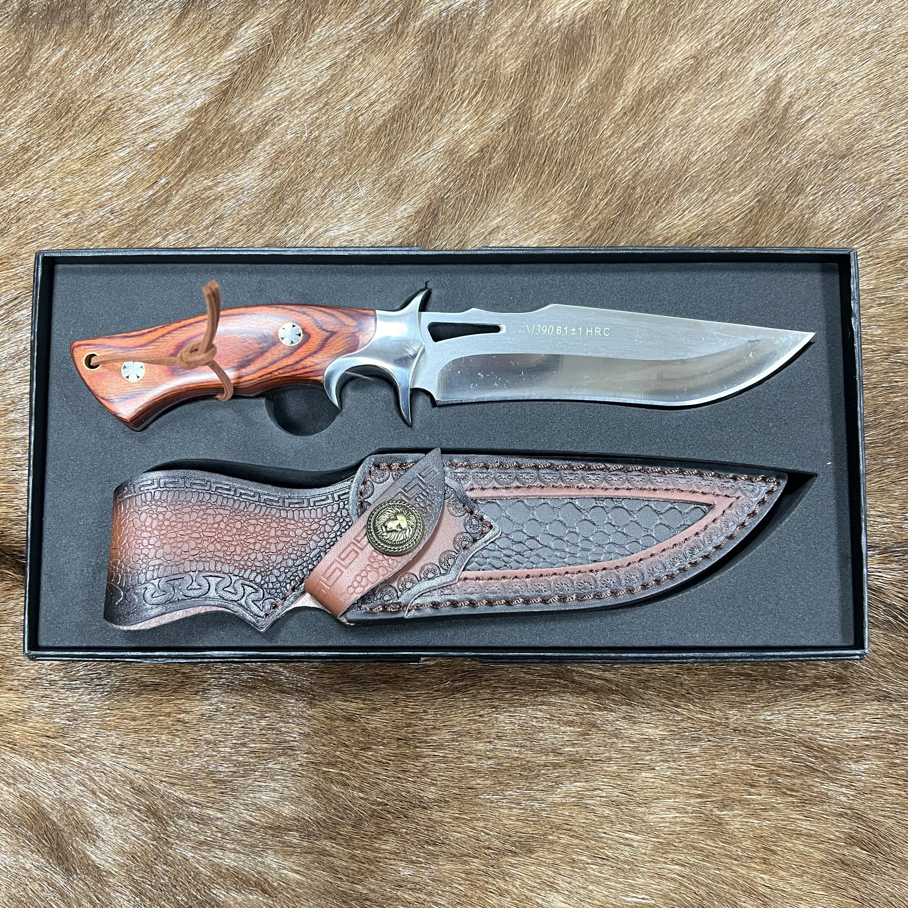 Premium Grade First Polished Hunting Knife with Wood Handle Survival Knife with Leather Sheath M390 Steel Fixed Blade Knife
