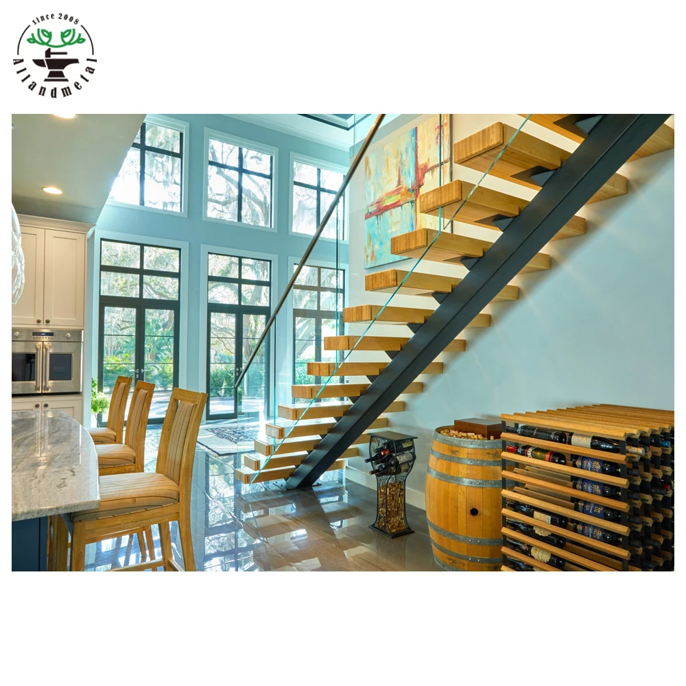 Современный дизайн, прямые плавающие лестницы, закаленные прозрачные стеклянные перила, моно-металлические стрингеры из дерева, нержавеющей стали