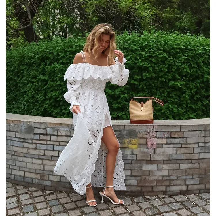 Women's Elegant French Style White Dress Hollow Out Design Pure Cotton Off Shoulder Split Waist Ruffle Long Sleeve Ladies Dress| Alibaba.com Women's Elegant French Style White Dress Hollow Out Design Pure Cotton Off Shoulder Split Waist Ruffle Long Sleeve Ladies Dress| Alibaba.com