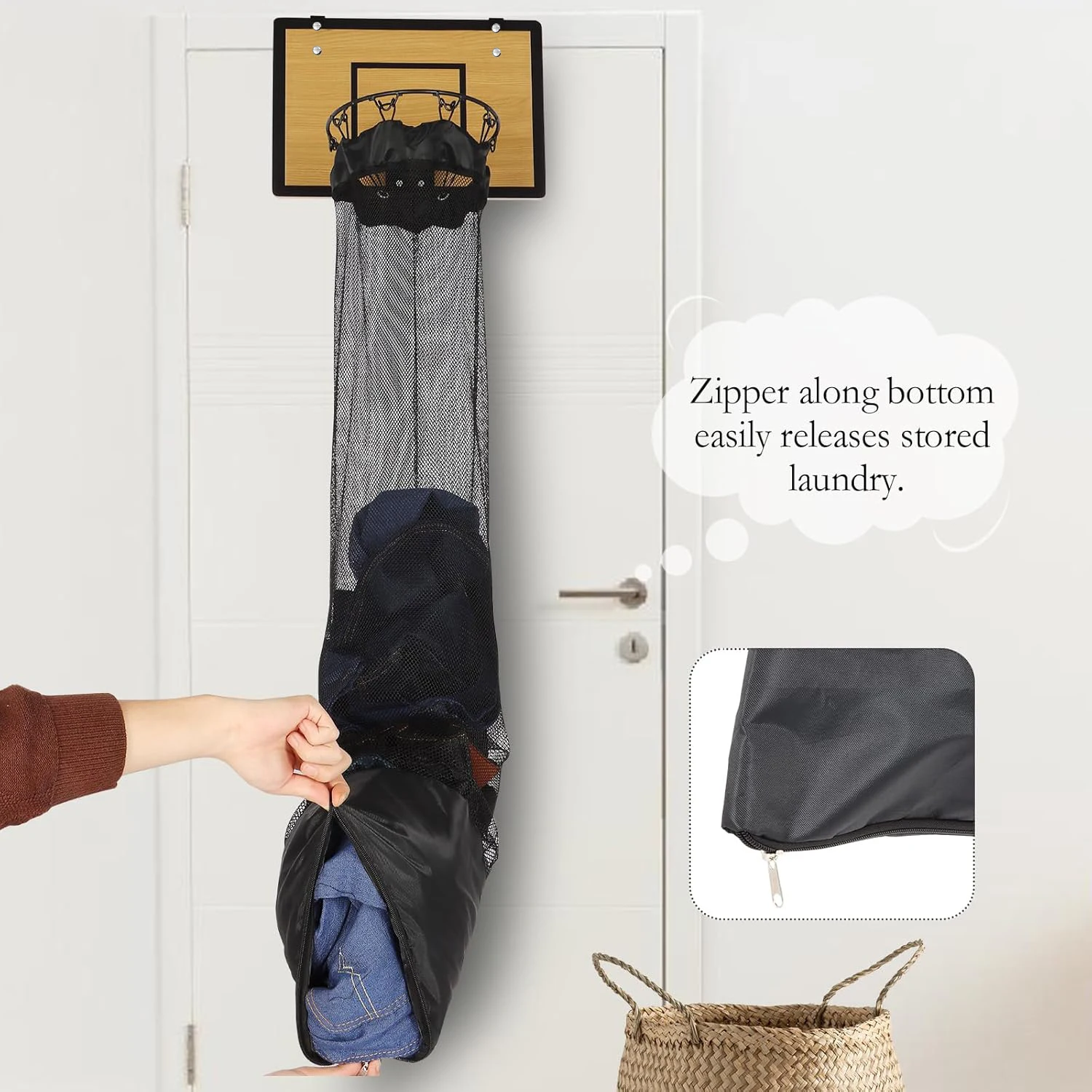 カスタマイズ可能な木製ドア上設置型バスケットボールフープ｜多機能・携帯用バスケットボール・ランドリーハンパー兼用コート機器