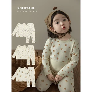 YOEHYAUL Q3482 Protect Belly Toddler Girls Sleepwear 95% Cotton 5% Spandex Kids Loungewear Set Breathable Pajama Sets Children