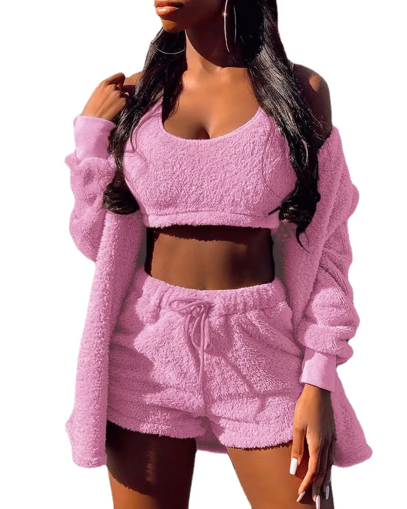 High Quality Women's Fashion Winter Solid Color Fleece Home Wear Set