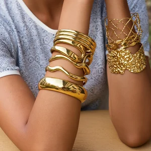 MW Irregular Lines Bracelets & Bangles Stainless Steel Chunky Statement Multylayers Hammered Stainless Steel Gold Plated Bangles