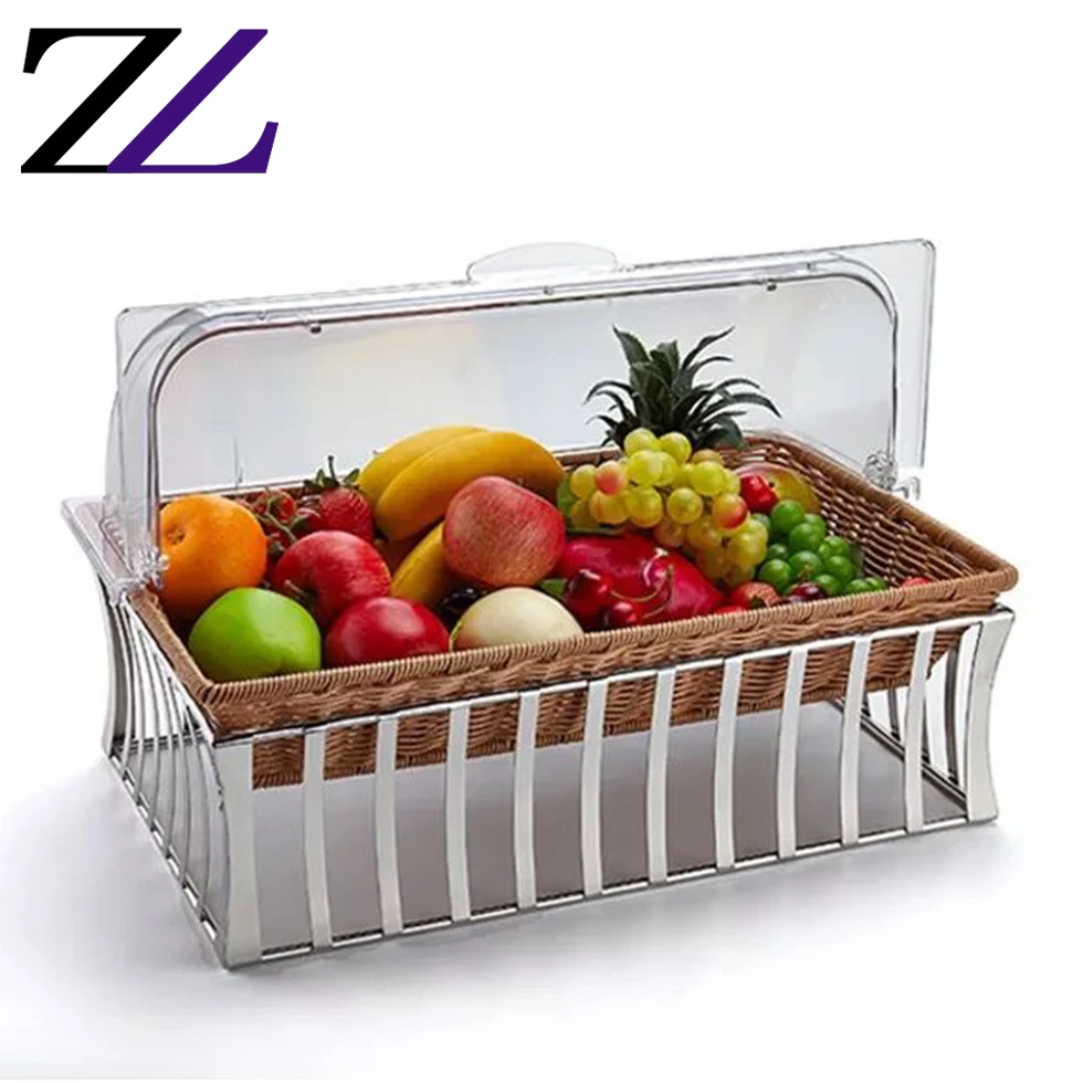 5 Star Fruit Buffetware Display Rectangle Rattan Stainless Steel Bracket Acrylic Window Metal Cake Stand Break Basket with Lid