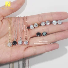 Trendy Women Wedding Jewelry Set 7.5mm Solitaire Moissanite Necklace 7.5mm Black/D Color Moissanite Earrings