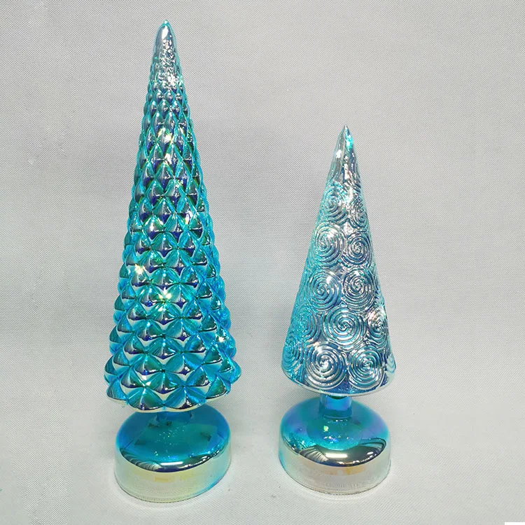 Small lit led light up embossed diamond iridescent blue glass tabletop christmas tree decorative figurines set with led lights