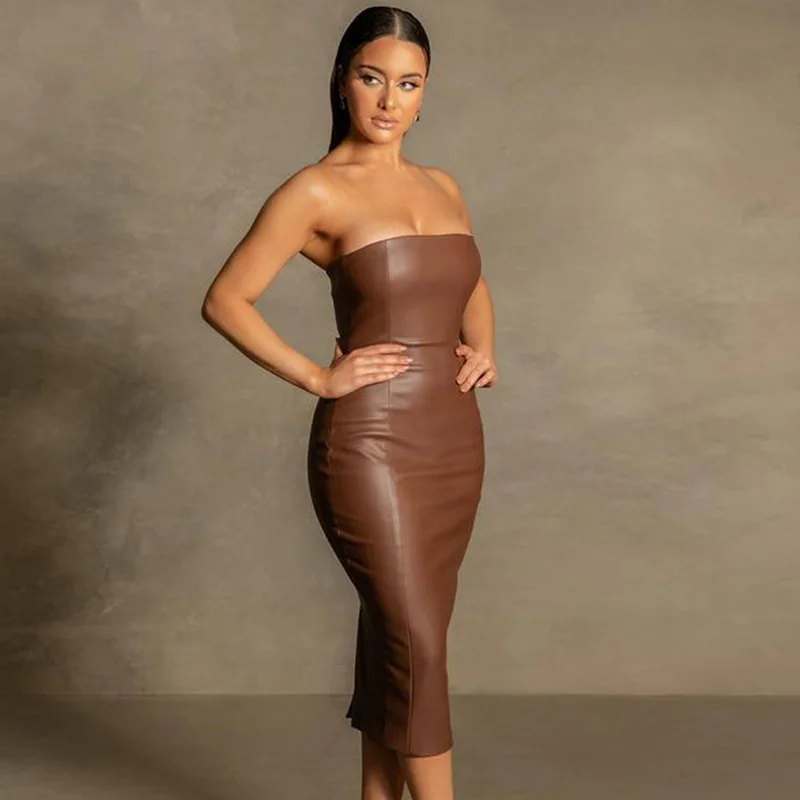 Wholesale wholesale fashion elegant strapless zipper sexy pu leather formal  midi dresses for ladies From m.